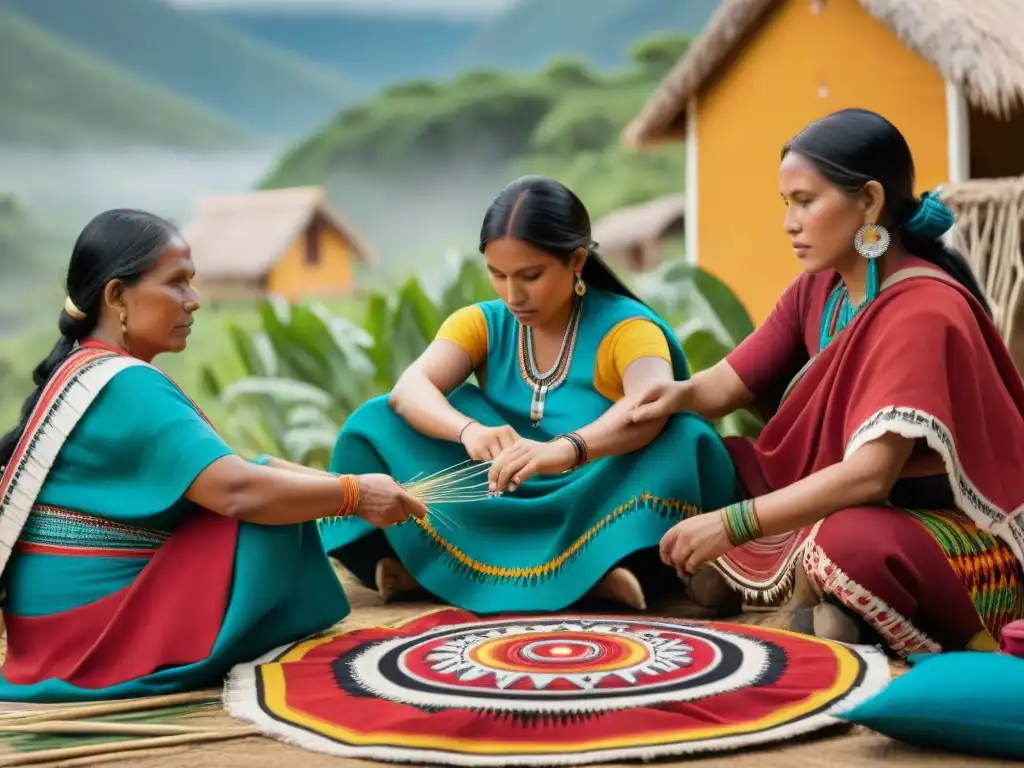 Mujeres indígenas tejiendo textiles con símbolos de resistencia en una aldea tradicional colorida y exuberante