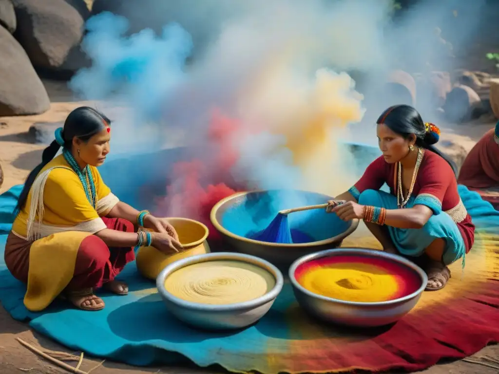 Mujeres indígenas tiñendo textiles con técnicas ancestrales y tintes naturales