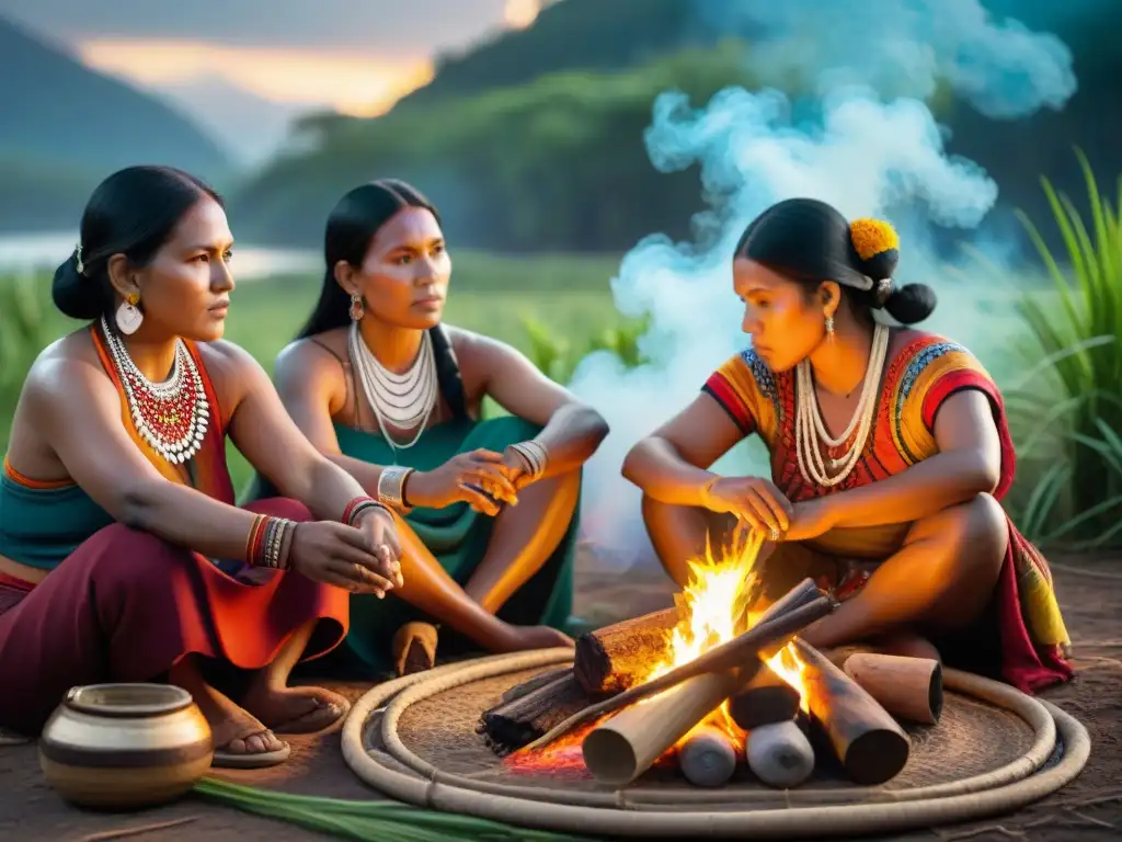 Mujeres indígenas tejiendo textiles con técnicas tradicionales alrededor de una fogata en la naturaleza