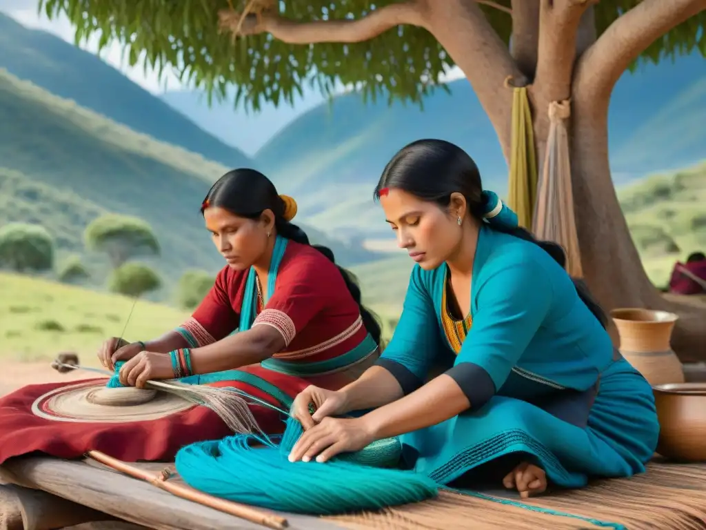 Mujeres indígenas preservando textiles tradicionales al aire libre bajo un árbol, tejiendo con destreza hilos coloridos