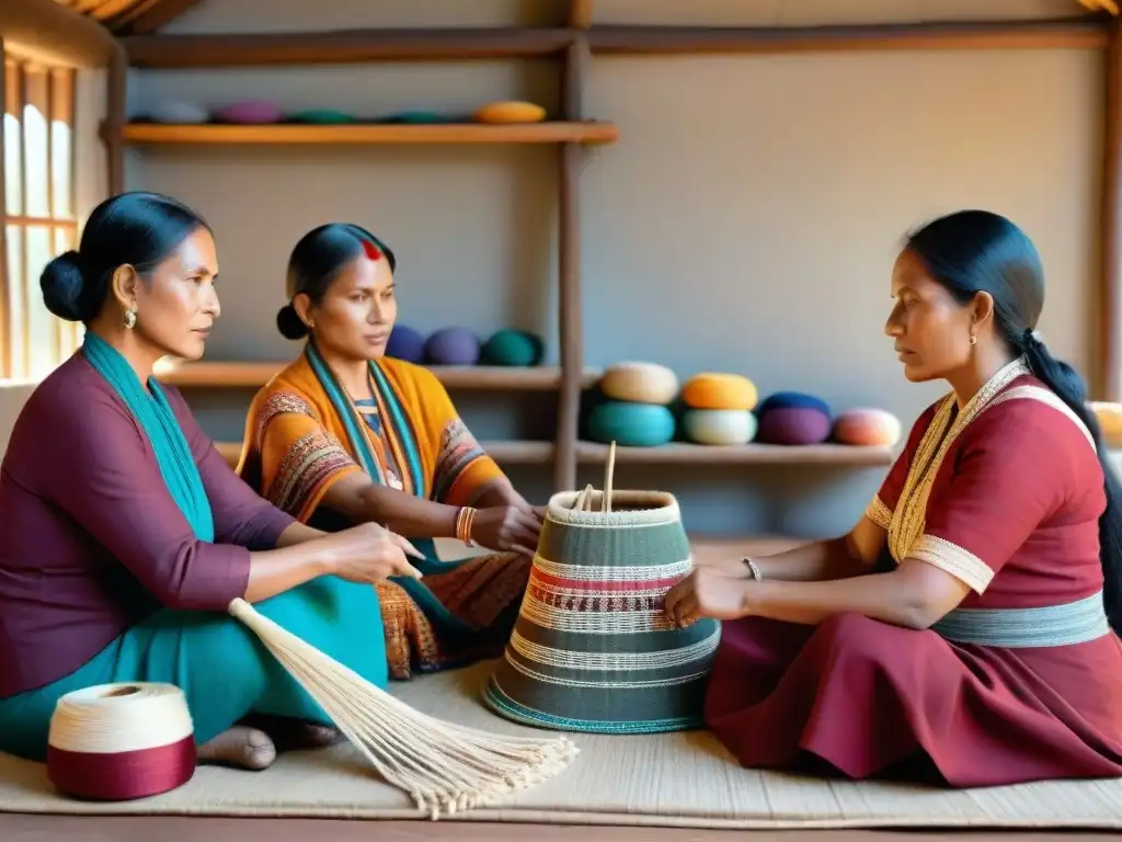 Mujeres indígenas preservando textiles tradicionales con destreza y coloridos patrones en un ambiente rústico iluminado por el sol