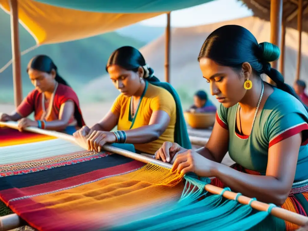 Mujeres indígenas preservando textiles tradicionales al atardecer