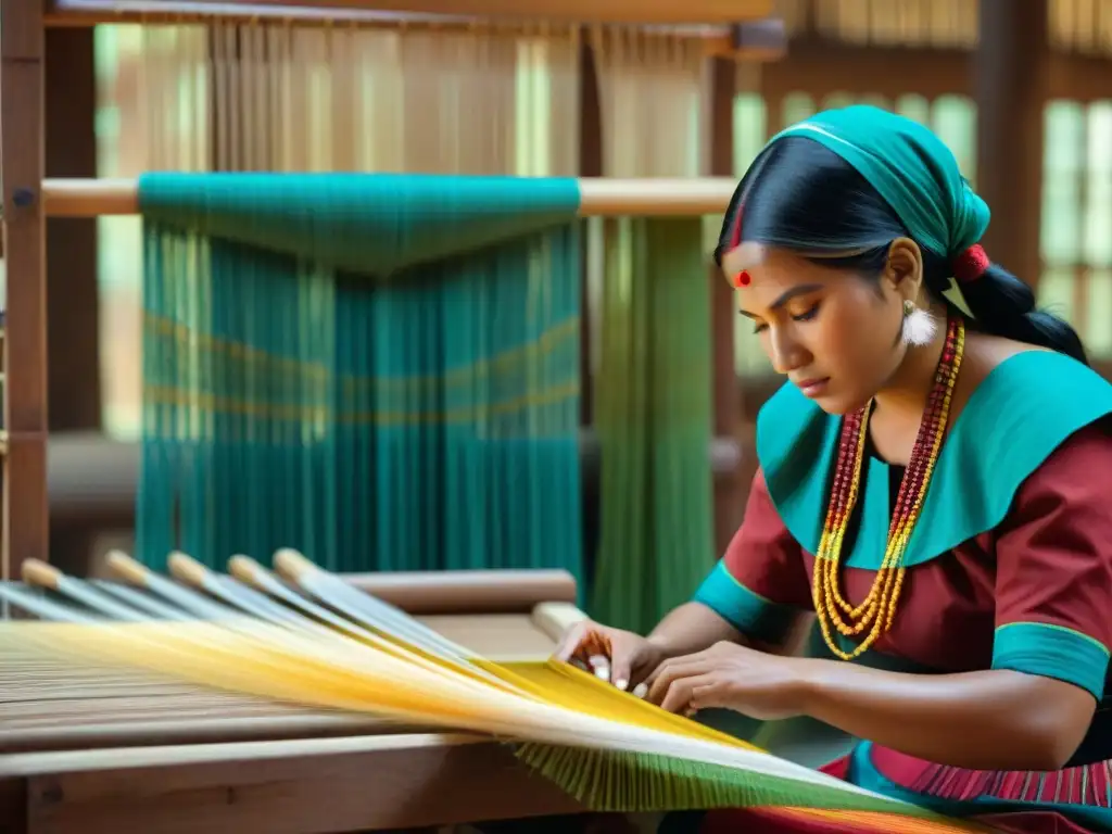 Mujeres indígenas tejiendo textiles tradicionales con impacto económico en taller iluminado por el sol