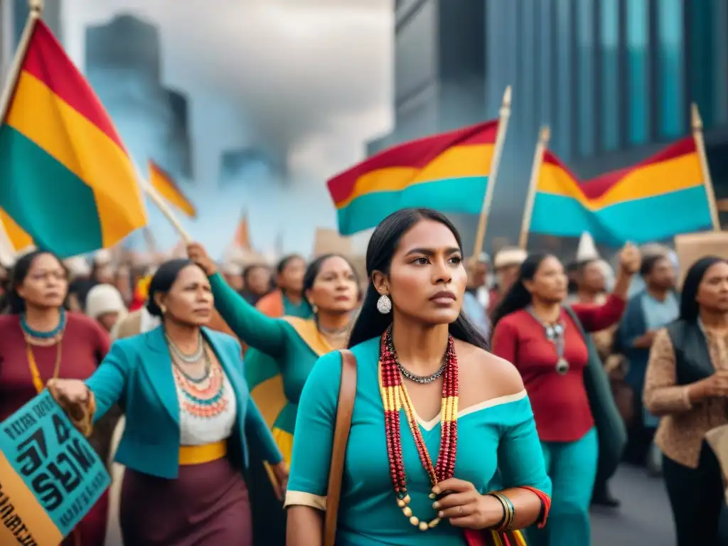 Mujeres indígenas en vibrante protesta por derechos, uniendo cultura y activismo en la ciudad