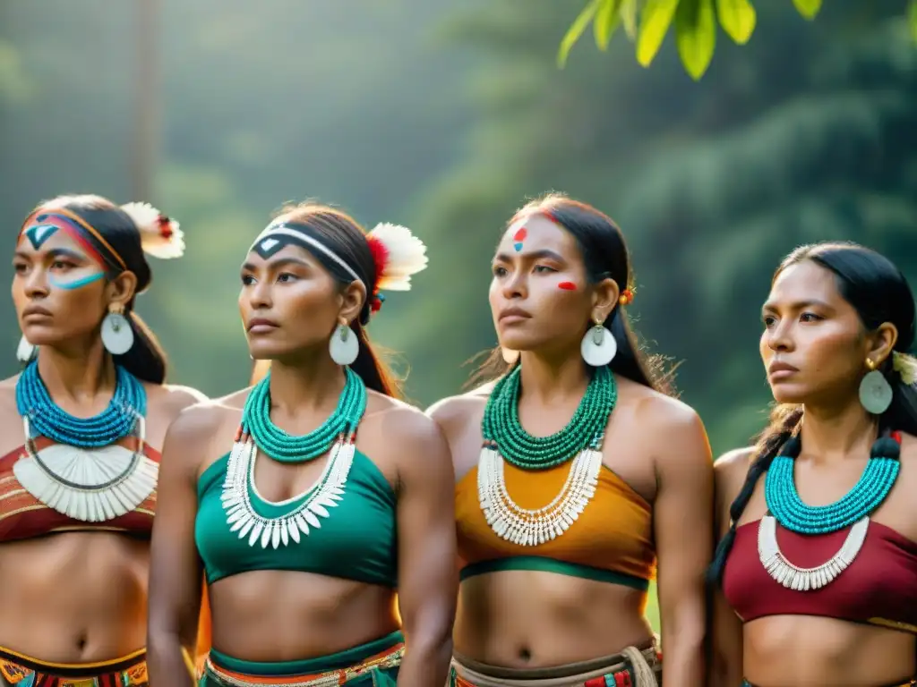 Fotografía de mujeres indígenas en vibrantes atuendos tradicionales, mostrando resistencia y celebración en el bosque