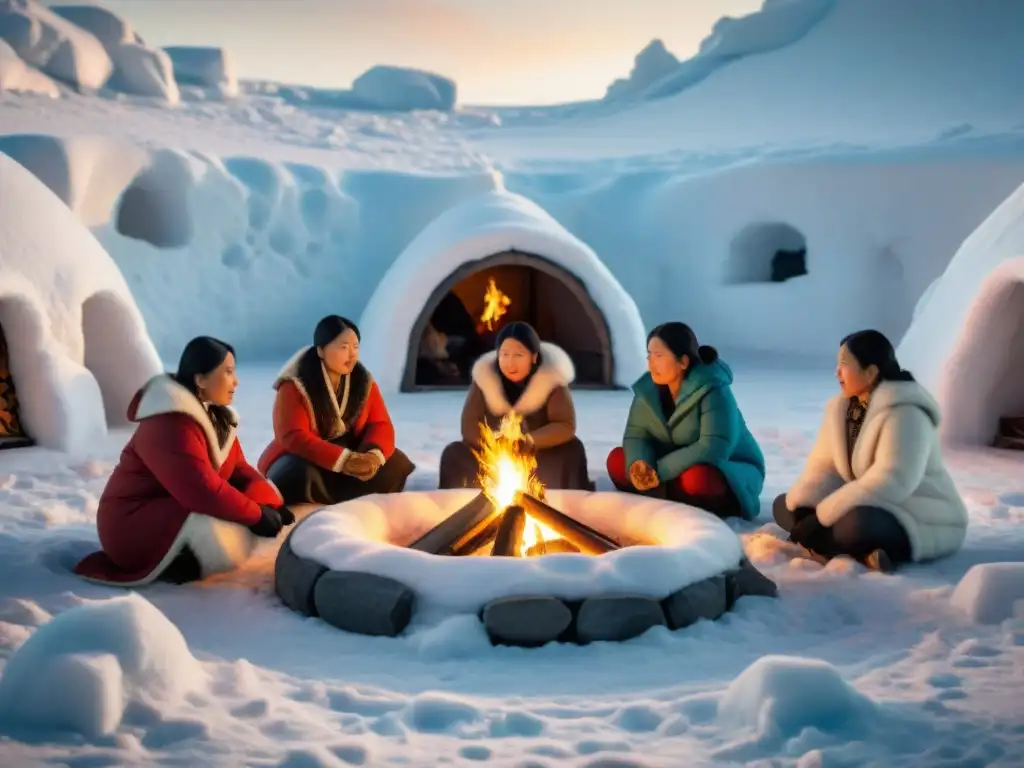 Mujeres Inuit en ceremonia cultural dentro de un iglú, conservando tradiciones ancestrales en la nevada tundra ártica