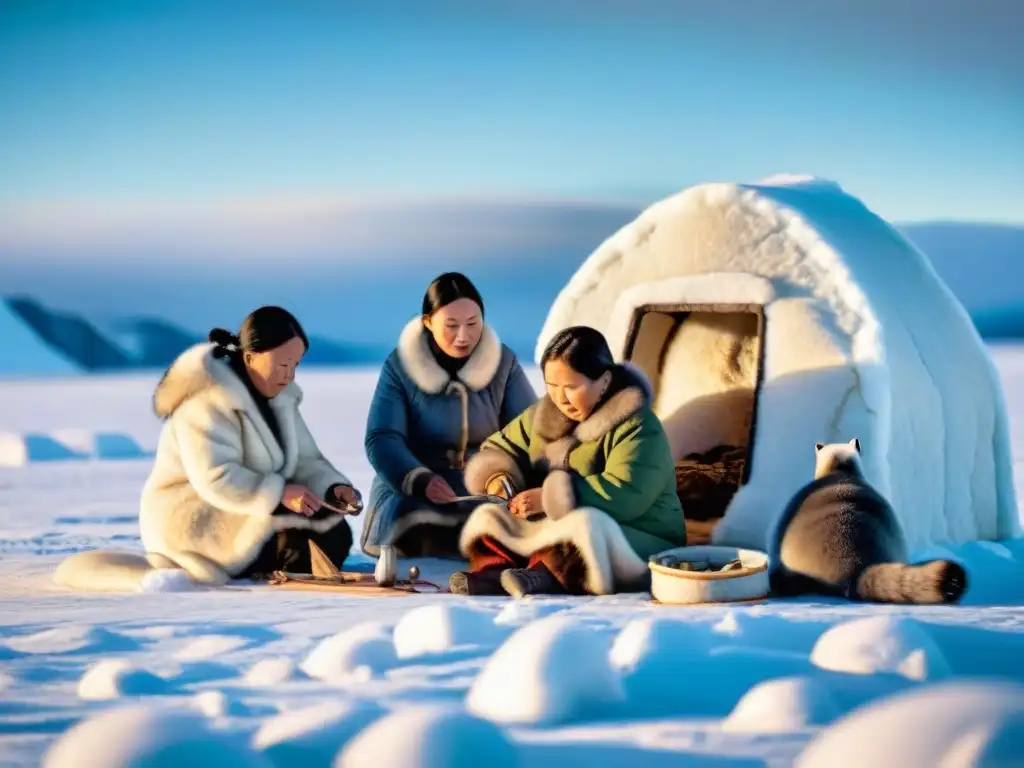 Mujeres Inuit preservando la cultura: habilidosas manos crean diseños en piel de foca bajo la nieve, cerca de un iglú