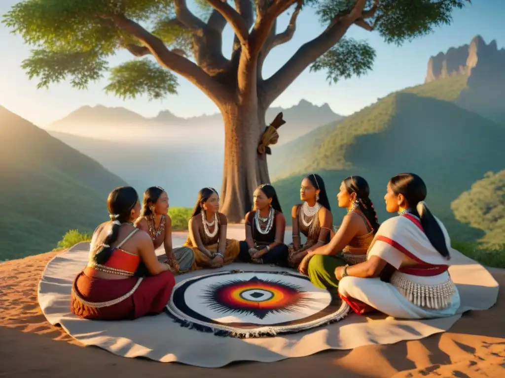 Mujeres jóvenes de diversas culturas indígenas compartiendo sabiduría bajo un árbol ancestral al atardecer