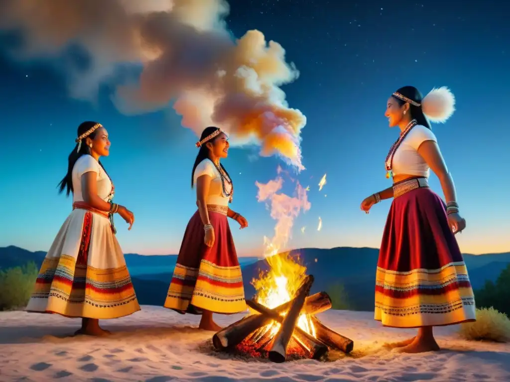 Mujeres jóvenes en culturas indígenas danzando alrededor de fogata en la noche estrellada