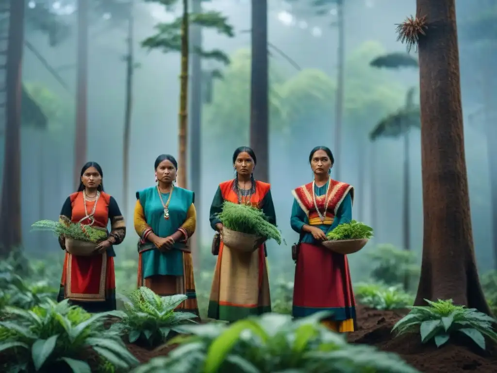 Mujeres líderes en cambio climático: Comunidades indígenas plantando árboles en un bosque verde, simbolizando esperanza y resiliencia