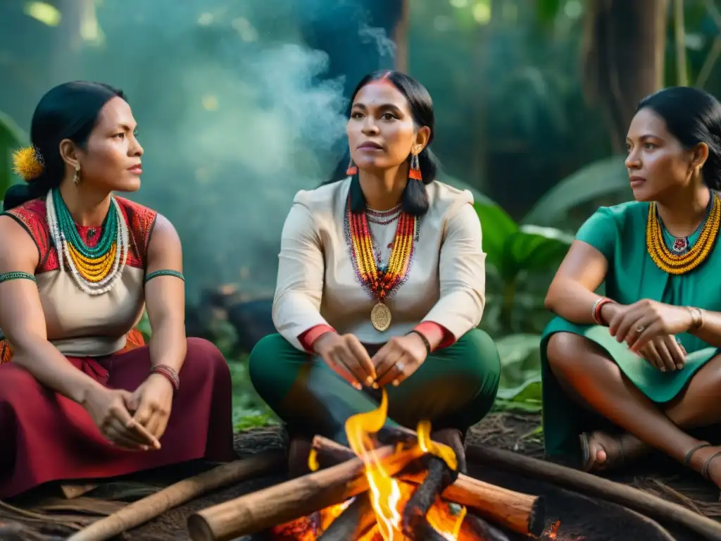 Mujeres líderes de culturas indígenas reunidas alrededor del fuego en la selva amazónica, demostrando determinación y sabiduría