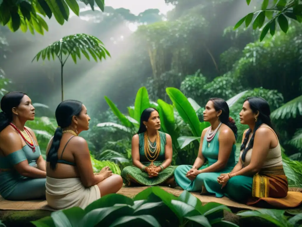 Mujeres líderes de culturas indígenas en profunda conversación bajo la selva amazónica