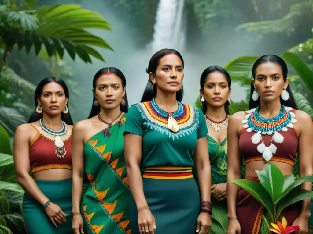 Mujeres líderes de culturas indígenas en la Amazonía, orgullosas y poderosas entre exuberante vegetación y flores tropicales