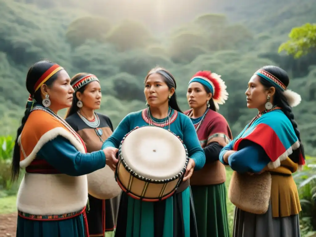 Mujeres Mapuche unidas en círculo con tambores y plumas en la selva chilena