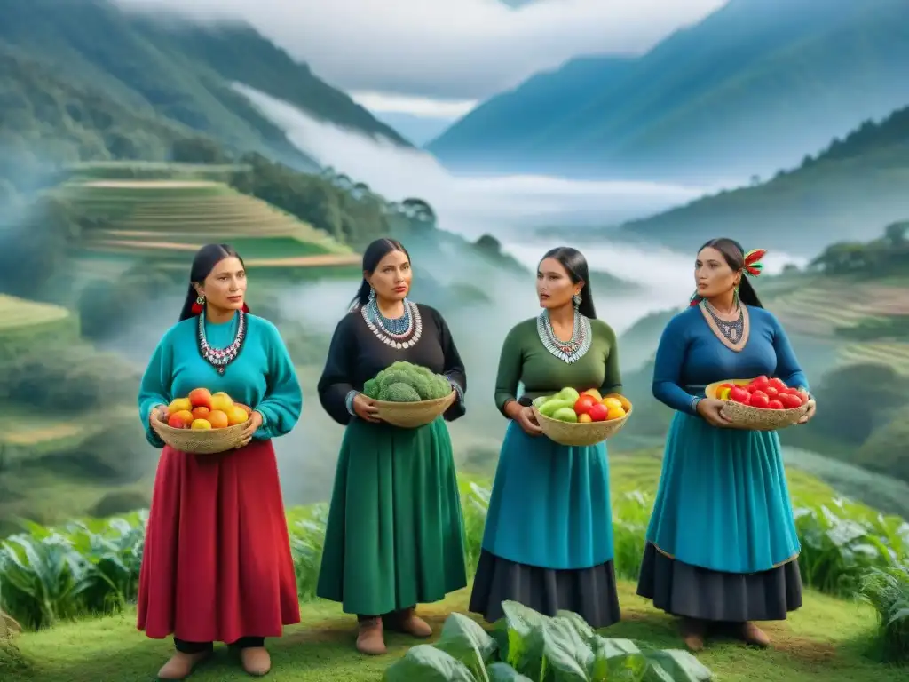 Mujeres Mapuche en vestimenta tradicional, con cestas de frutas en un bosque