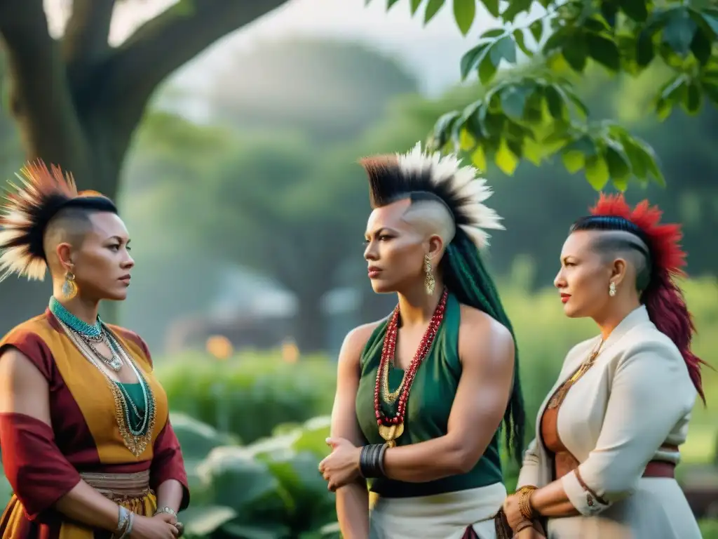 Empoderamiento y unidad: mujeres Mohawk en el jardín comunitario Mujeres Mohawk liderazgo comunidad: Grupo de mujeres Mohawk vestidas con atuendos tradicionales, debatiendo bajo un árbol en un jardín comunitario