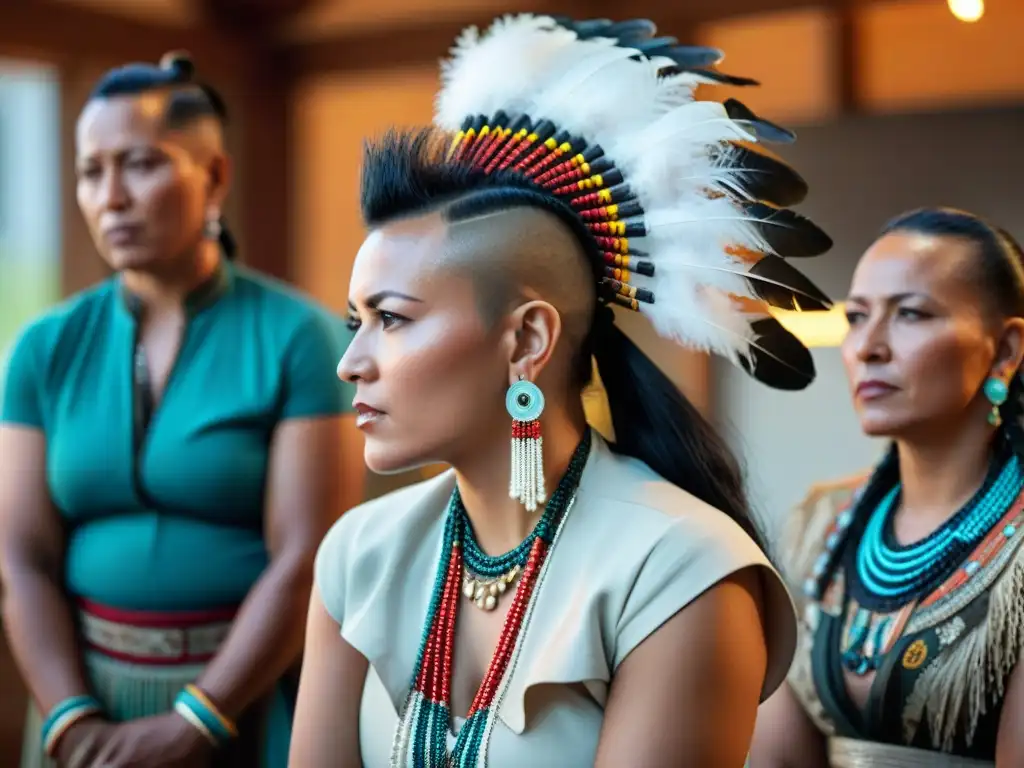 Mujeres Mohawk: Liderazgo Comunitario en Acción Mujeres Mohawk liderazgo comunidad: Mujeres Mohawk en reunión de liderazgo, destacando su cultura y determinación