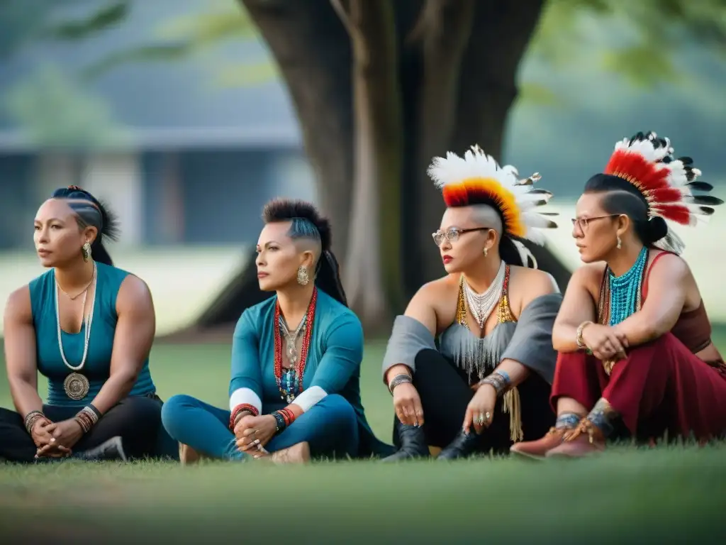 Reunión de liderazgo: Mujeres Mohawk en círculo Mujeres Mohawk liderazgo comunidad reunidas en círculo bajo un árbol, expresando determinación y fuerza en discusión