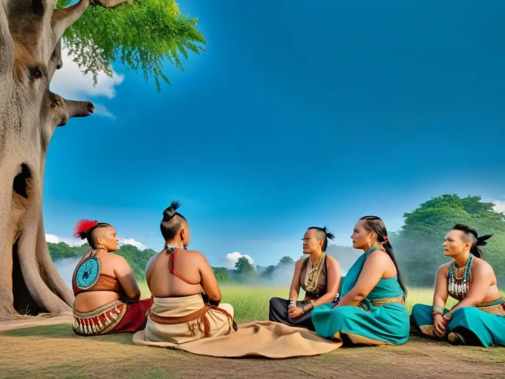Mujeres Mohawk liderando reunión comunitaria bajo árbol centenario Mujeres Mohawk liderazgo comunidad: Grupo de mujeres Mohawk en trajes tradicionales, reunidas bajo un árbol, discutiendo y mostrando determinación