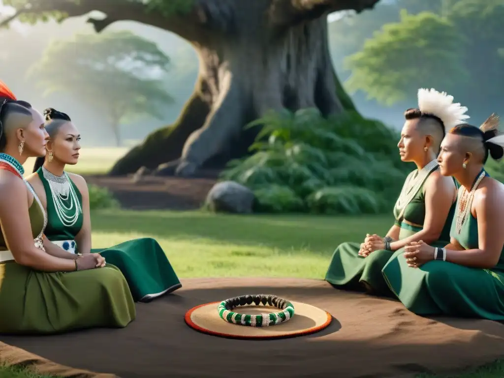 Conversación de líderes: Mohawk mujeres bajo el árbol ancestral Mujeres Mohawk en liderazgo comunitario, reunidas bajo un árbol ancestral, dialogando con fuerza y unidad