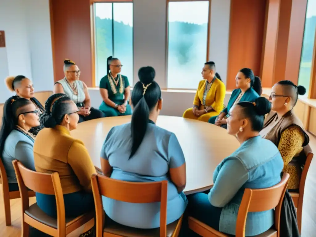 Mujeres Mohawk liderando con determinación y unidad en reunión comunitaria Mujeres Mohawk liderazgo comunidad: Reunión de líderes en comunidad con mujeres Mohawk vestidas tradicionalmente, expresando determinación y unidad