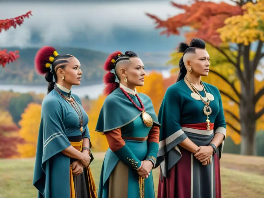 Líderes Mohawk: Fuerza y Unidad en Otoño Mujeres Mohawk liderazgo comunidad: Mohawk mujeres orgullosas en colina con vestimenta tradicional y hojas otoñales vibrantes