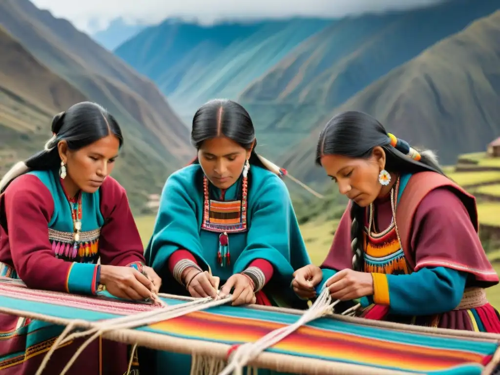 Mujeres Quechua tejiendo textiles con destreza en los Andes, resaltando la fusión de tradición y Turismo sostenible comunidades andinas