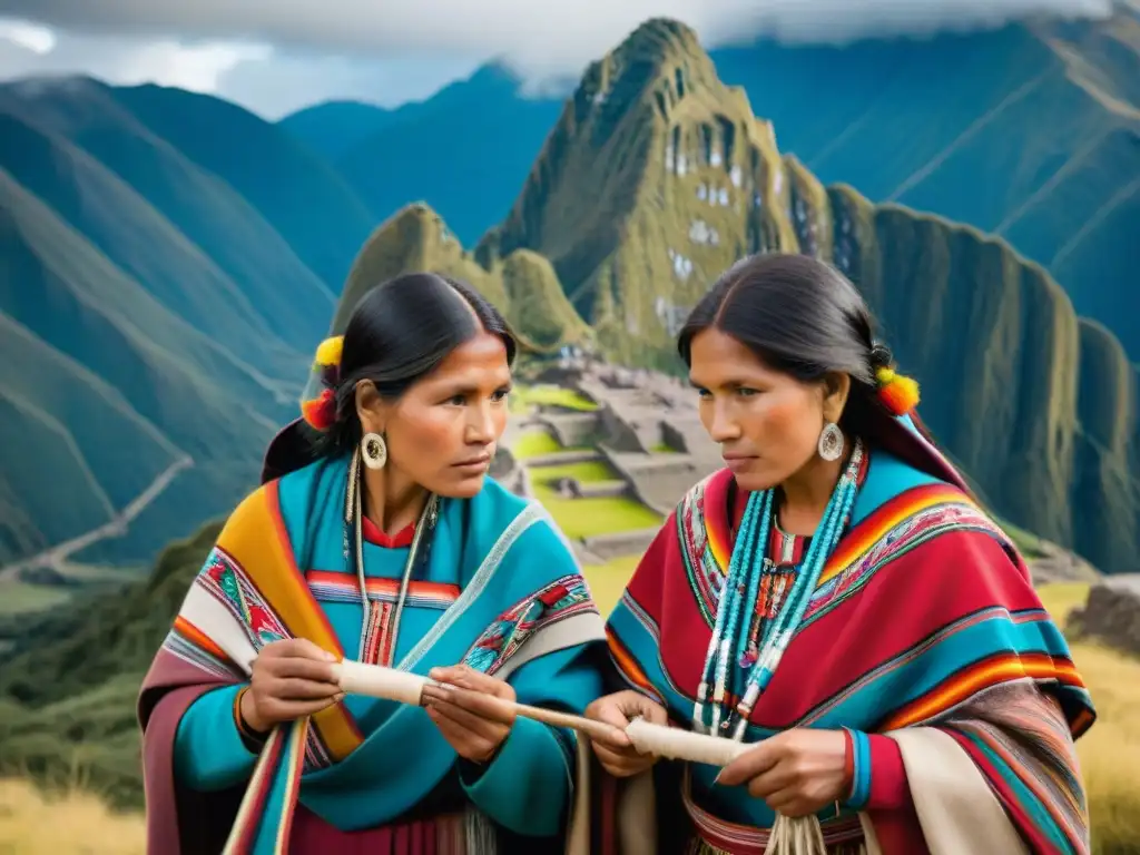 Mujeres Quechua tejiendo textiles tradicionales en los Andes, reflejando la tradición cultural indígena en América