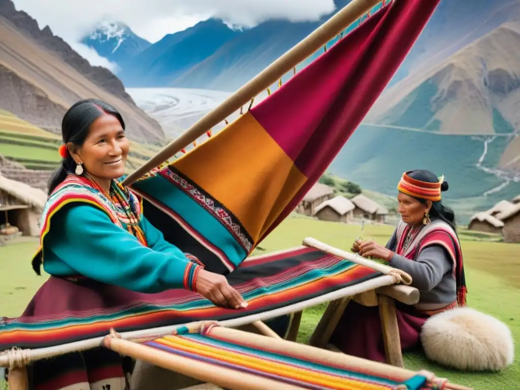 Mujeres quechuas tejiendo en comunidad andina, destacando el turismo sostenible