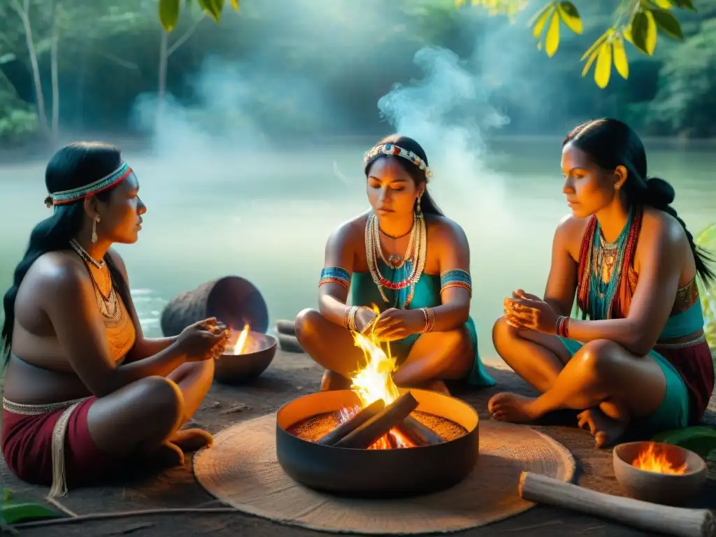 Mujeres sanadoras de diversas culturas indígenas de las Américas en ceremonia tradicional alrededor del fuego en el bosque