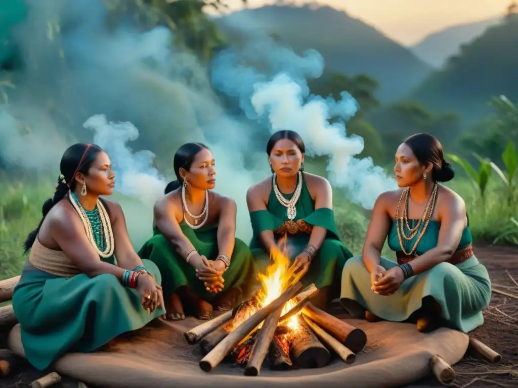 Mujeres sanadoras en medicina indígena reunidas alrededor del fuego en la selva, con plantas medicinales