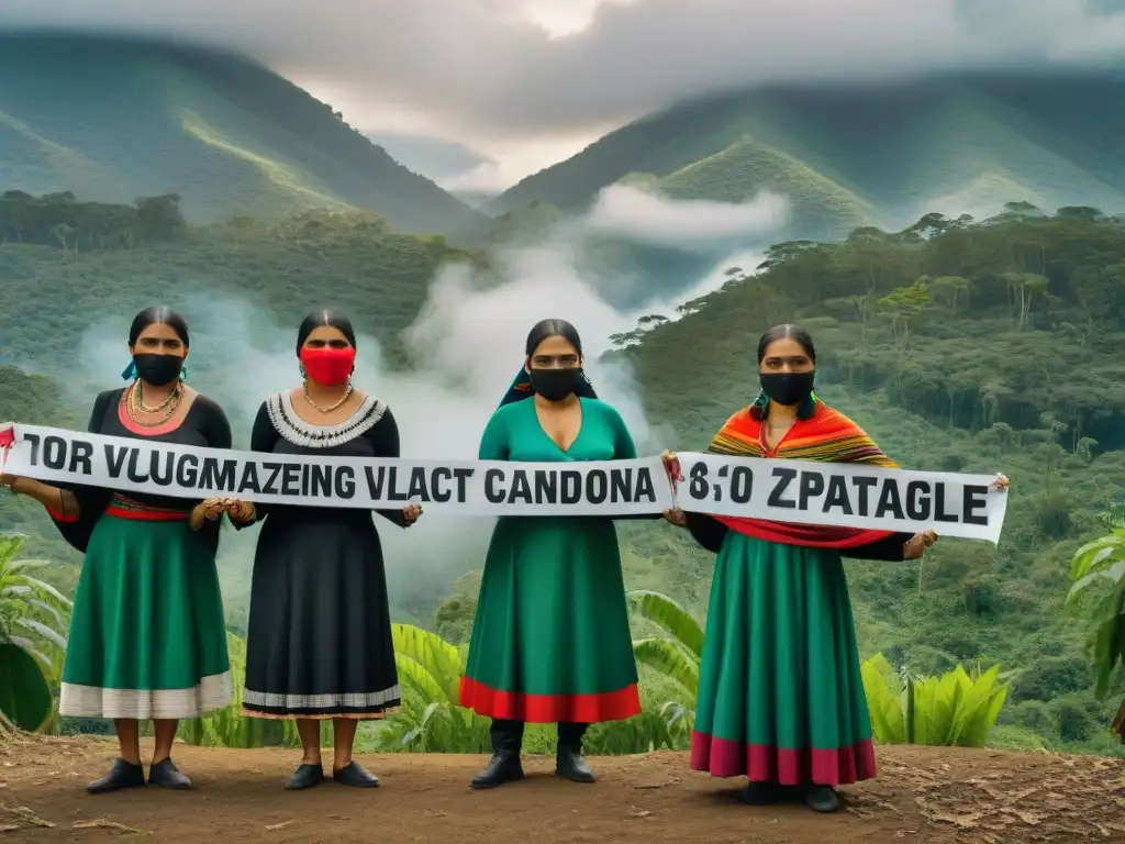 Mujeres zapatistas en la selva lacandona con vestimenta tradicional y mensajes de resistencia en sus manos y máscaras coloridas