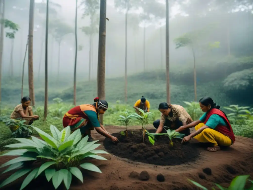 Reforestación indígena para mundo sostenible: Indígenas plantando árboles en bosque exuberante