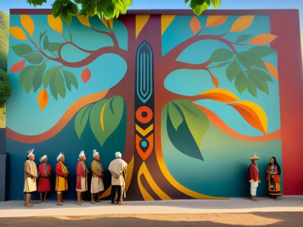 Mural de ancianos indígenas compartiendo sabiduría en escuela