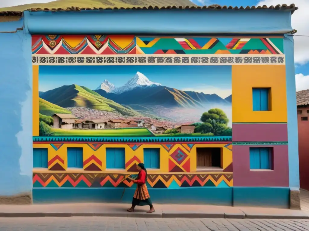 Un mural andino detallado que muestra la identidad cultural a través de actividades tradicionales en una ciudad bulliciosa