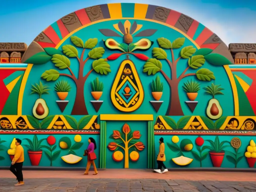 Mural azteca con cultivo de aguacates y símbolos de fertilidad, en mercado bullicioso