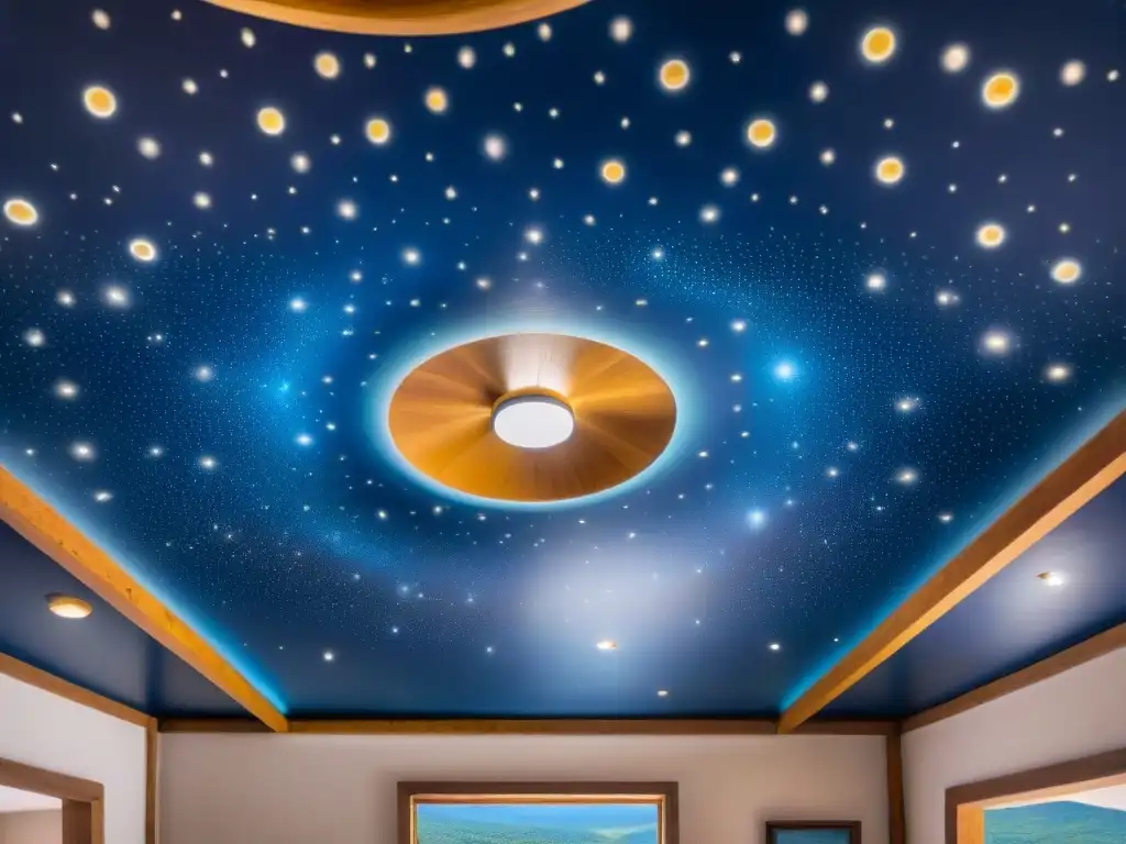 Un mural celestial detallado en una casa larga indígena, fusionando constelaciones y símbolos culturales