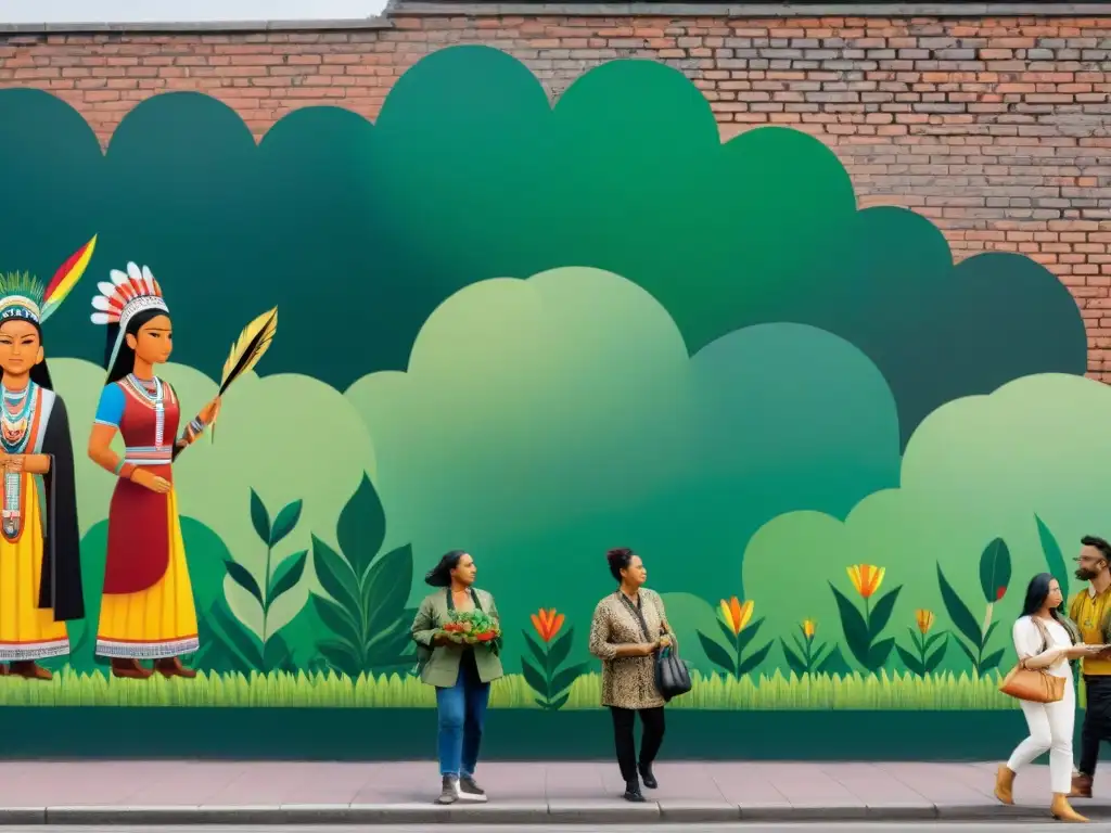 Un mural detallado de arte indígena activismo ambiental en una ciudad bulliciosa, con personajes tribales y naturaleza vibrante