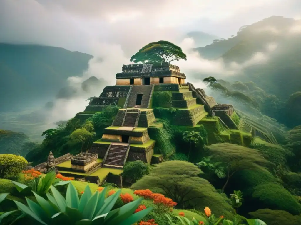 Un mural detallado con exuberante flora inspirada en culturas precolombinas como la maya, azteca e inca