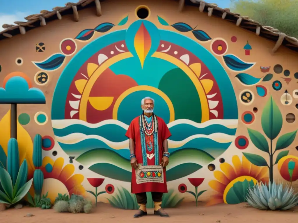 Mural de expresiones artísticas indígenas bajo colonización en una pared de adobe en una aldea remota