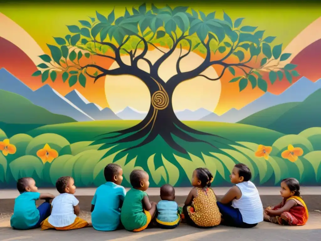 Un mural de transmisión oral: ancianos comparten historias con niños bajo un árbol