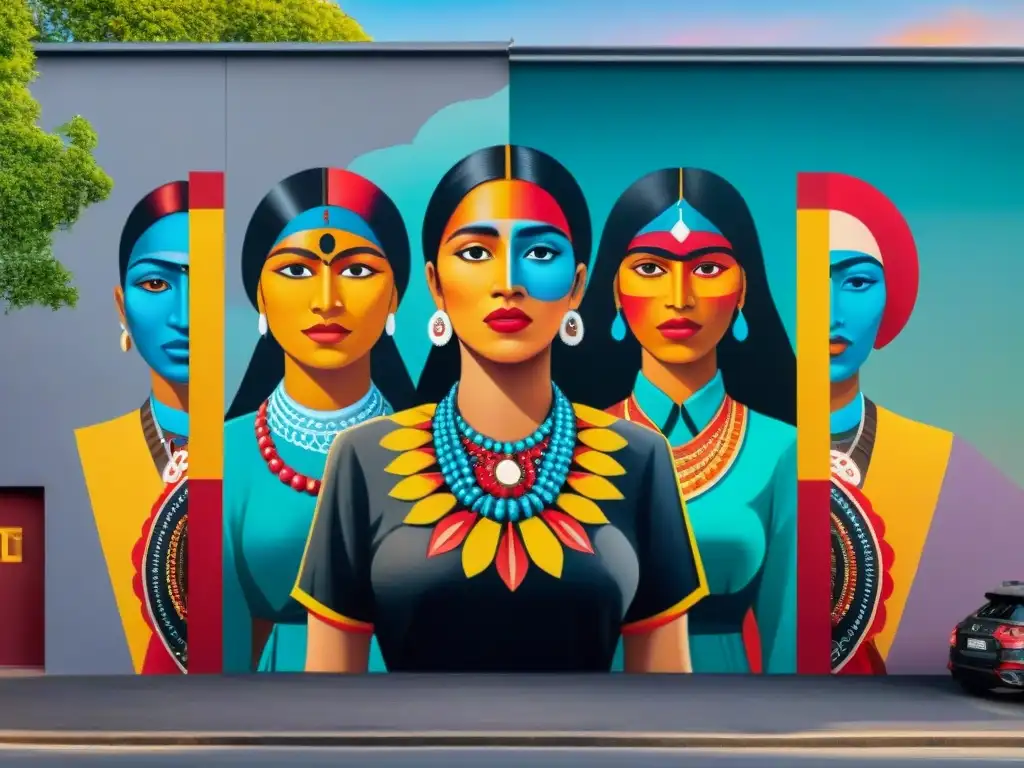 Mural impactante de mujeres indígenas unidas en fuerza y arte, representando el feminismo indígena con orgullo y determinación