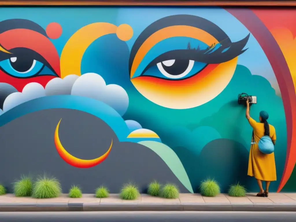 Un mural indígena auténtico y vibrante, lleno de símbolos culturales y naturaleza, pintado con cuidado por artistas indígenas