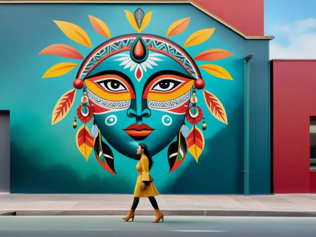 Mural indígena contemporáneo en ciudad vibrante