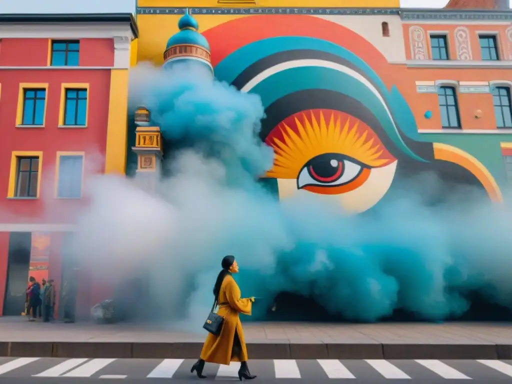 Un mural indígena colorido se crea en una pared urbana