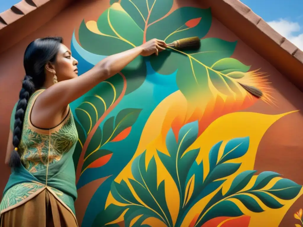 Un mural indígena detallado en construcción, representando la naturaleza con colores vibrantes