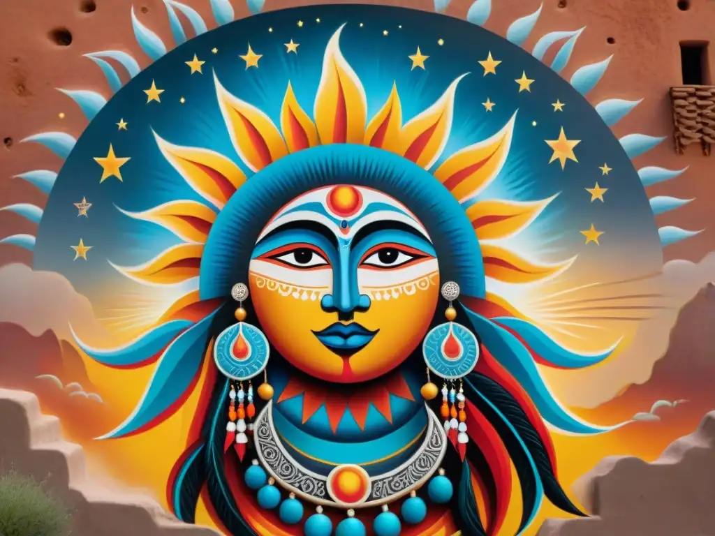 Mural indígena detallado del Sol y la Luna en danza cósmica, reflejando el significado espiritual de las tradiciones