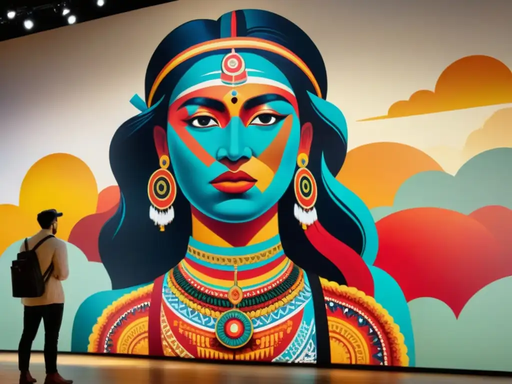 Un mural indígena vibrante cobra vida con Realidad Aumentada, fusionando tradición y tecnología en una experiencia única de arte interactivo