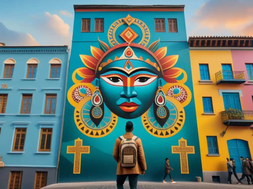 Un mural poderoso que fusiona símbolos indígenas con elementos modernos, mostrando colores vibrantes y detalles intrincados, en un entorno urbano