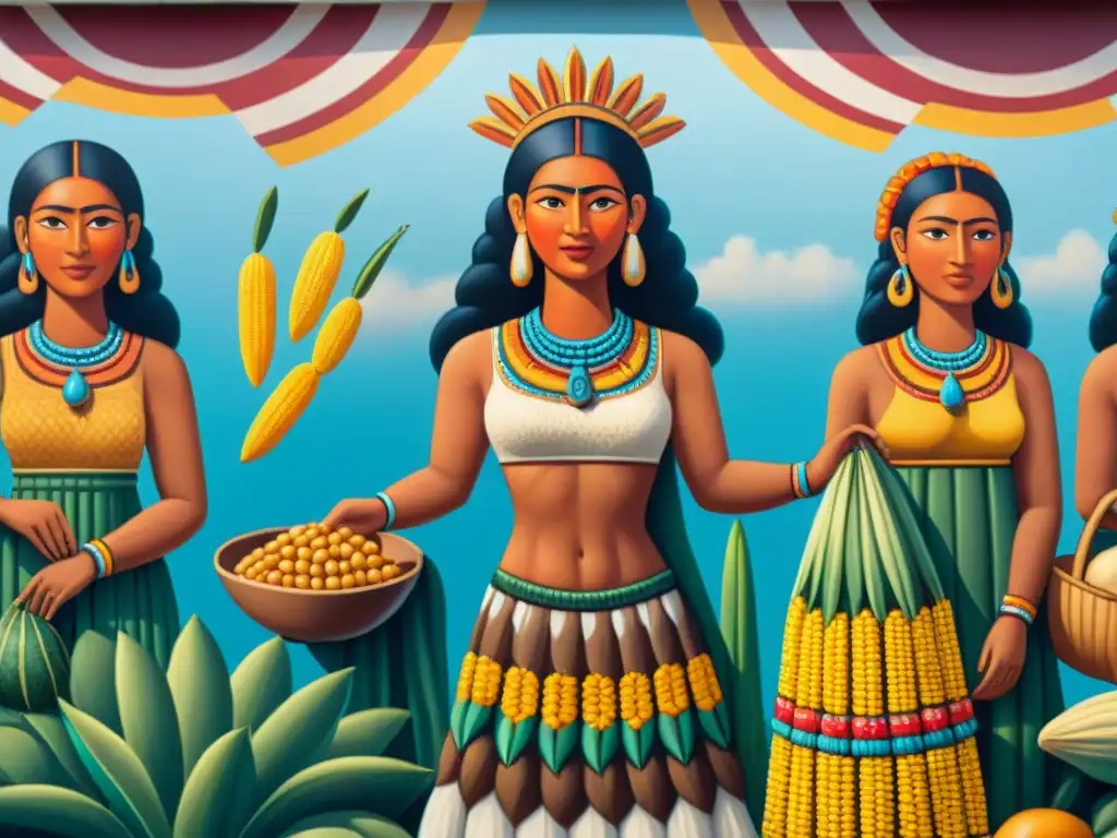 Mural de civilización precolombina con escena vibrante de mercado y alimentos fundamentales culturas precolombinas